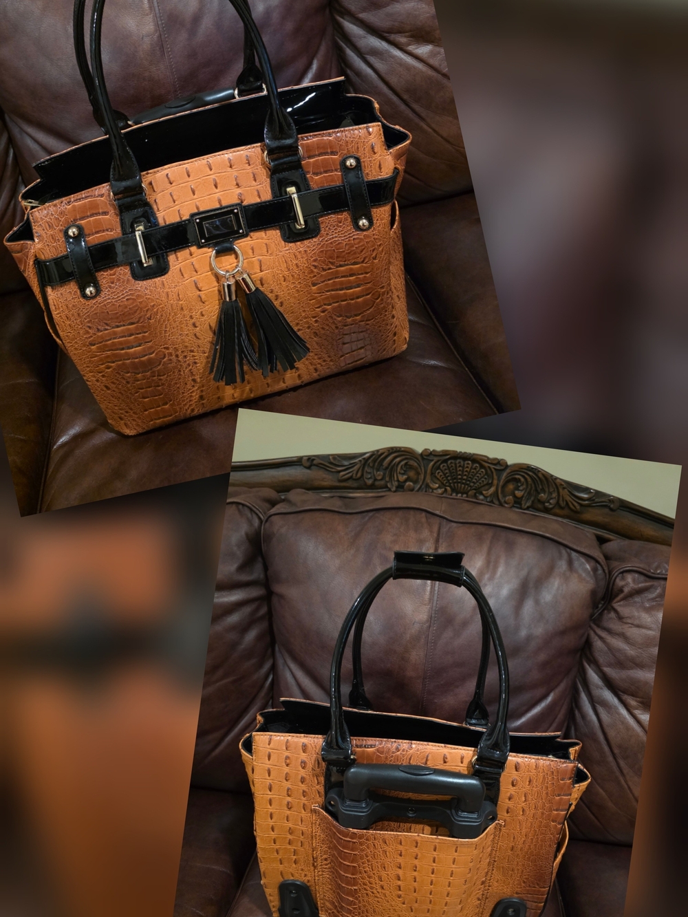 Black & Tan Croc-Embossed Tassel Tote Bag